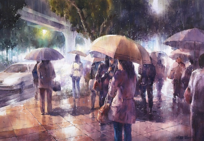 Уличная сцена городской жизни в дождливую погоду.