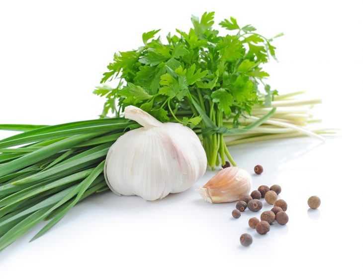 Spring greenery is with a garlic and grains of pepper on a white