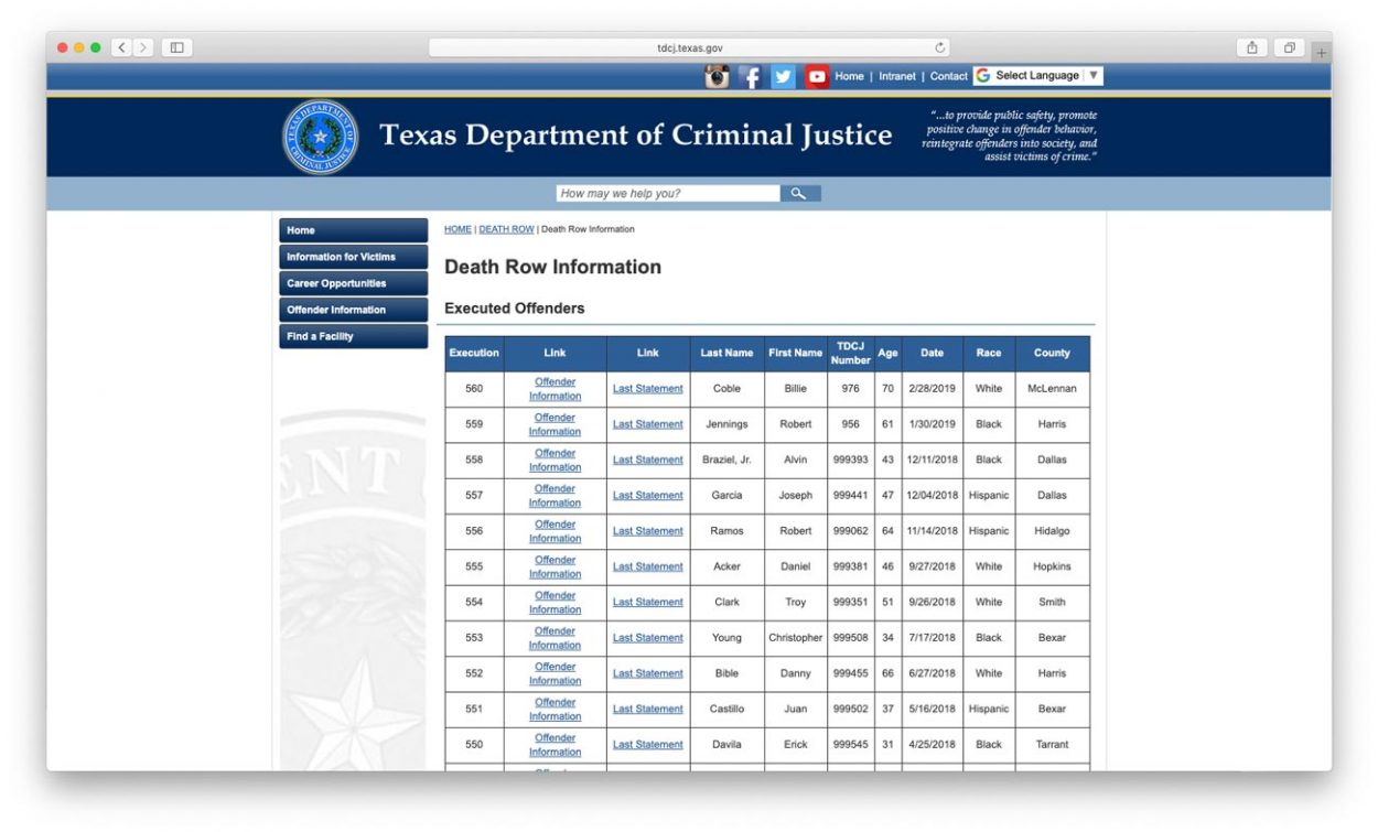 Cкриншот сайта: tdcj.texas.gov