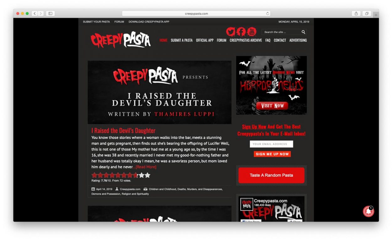 Cкриншот сайта: creepypasta.com