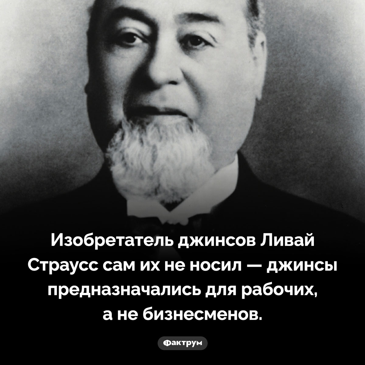 Ливай Страусс джинсов не носил. Изобретатель джинсов Ливай Страусс сам их не носил — джинсы предназначались для рабочих, а не бизнесменов.