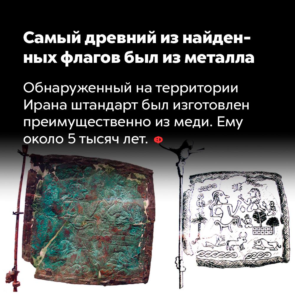 Самый древний из найденных флагов был из металла. Обнаруженный на территории Ирана штандарт был изготовлен преимущественно из меди. Ему около пяти тысяч лет.
