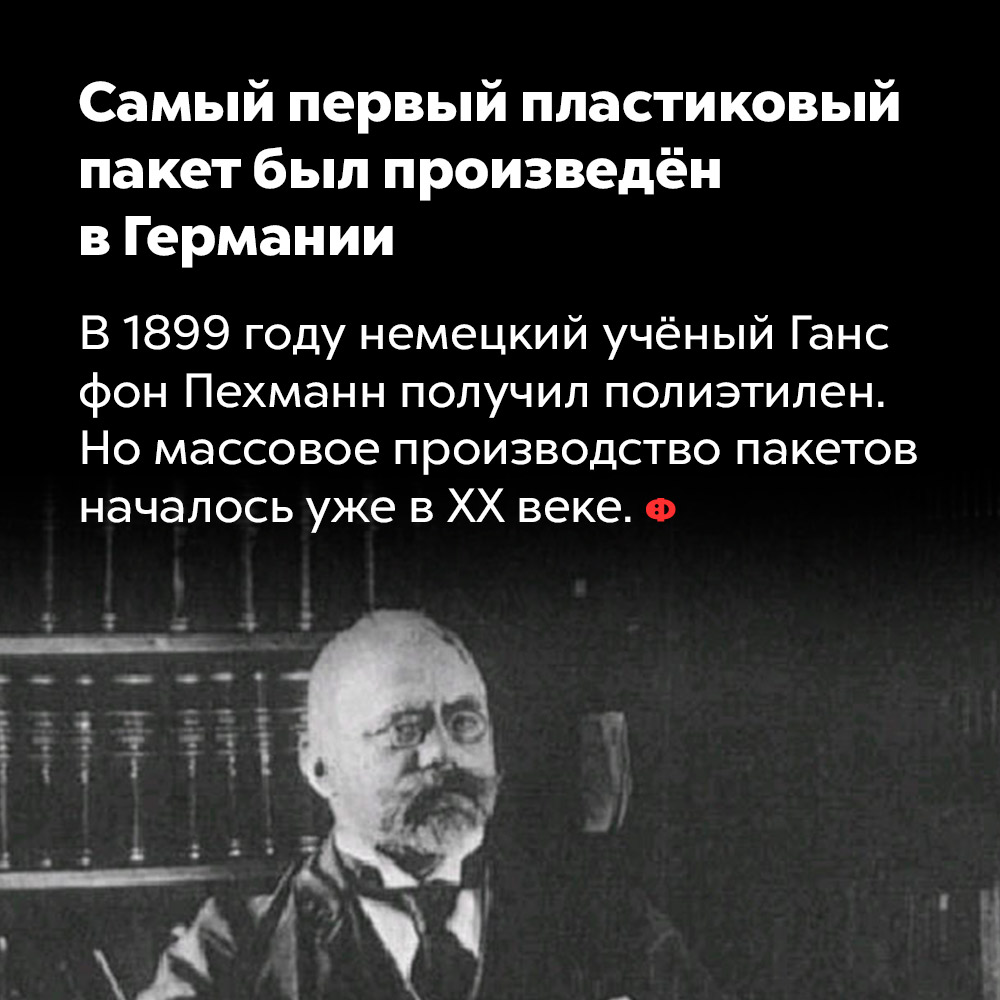 Самый первый пластиковый пакет был произведён в Германии. В 1899 году немецкий учёный Ганс фон Пехманн получил полиэтилен. Но массовое производство пакетов началось уже в 20 веке.