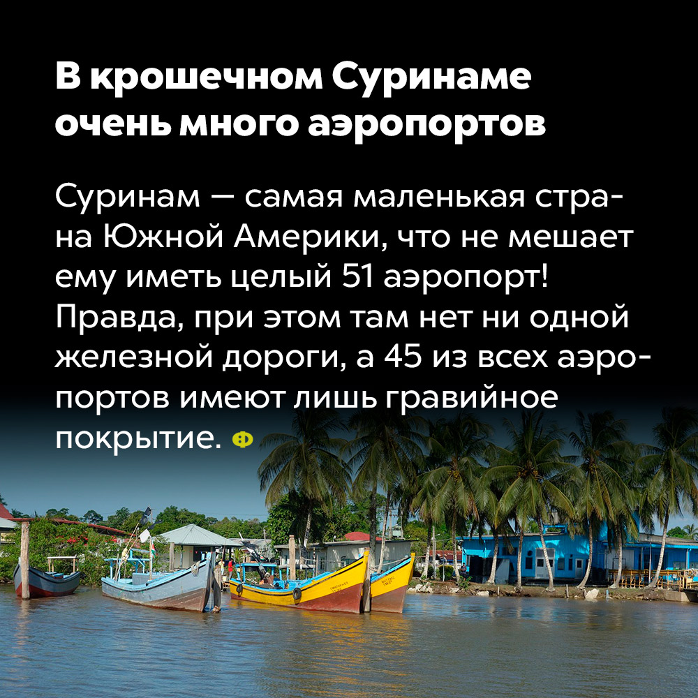 В крошечном Суринаме очень много аэропортов. Суринам — самая маленькая страна Южной Америки, что не мешает ему иметь целый 51 аэропорт! Правда, при этом там нет ни одной железной дороги, а 45 из всех аэропортов имеют лишь гравийное покрытие.