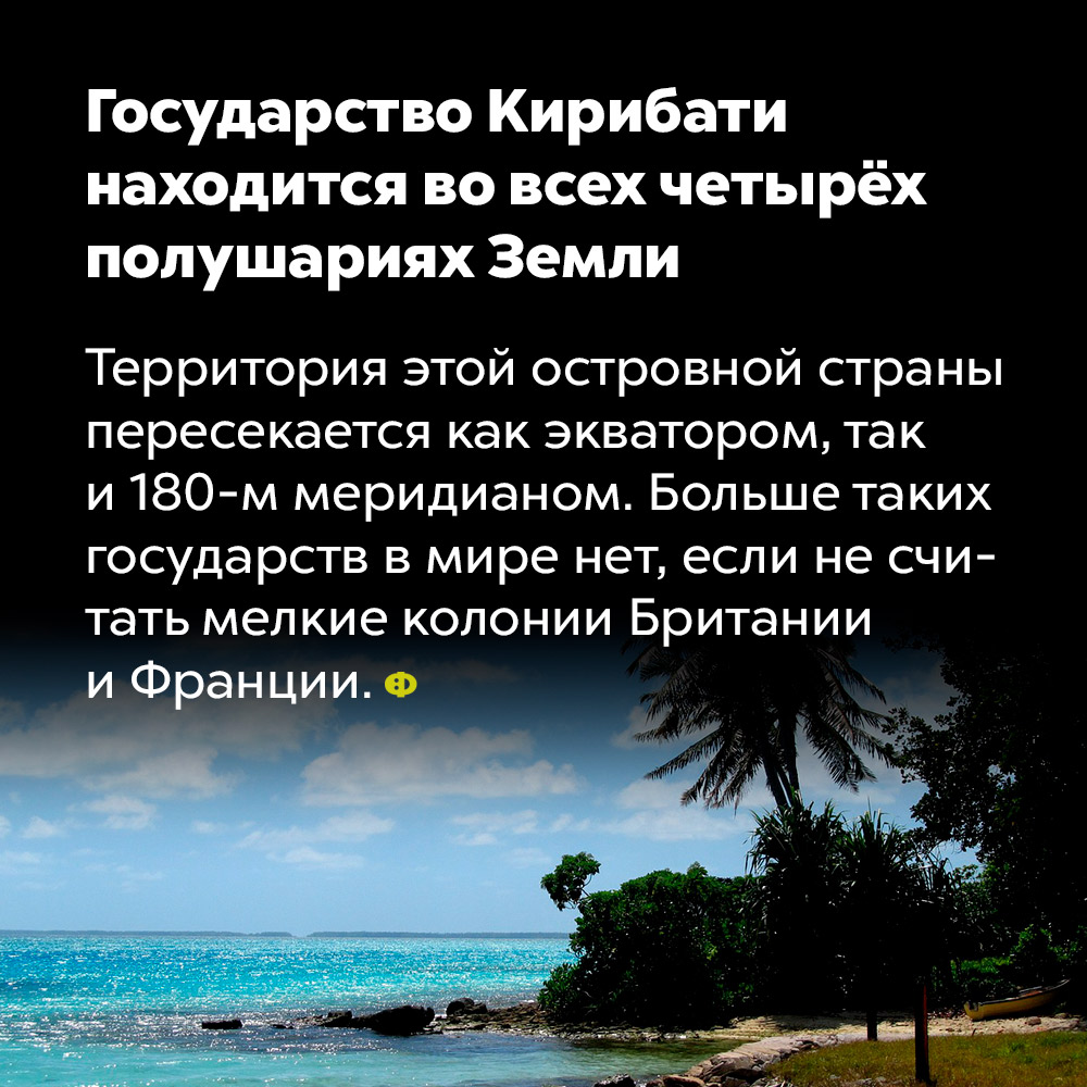 Государство Кирибати находится во всех четырёх полушариях Земли. Территория этой островной страны пересекается как экватором, так и 180-м меридианом. Больше таких государств в мире нет, если не считать мелких колоний Британии и Франции.