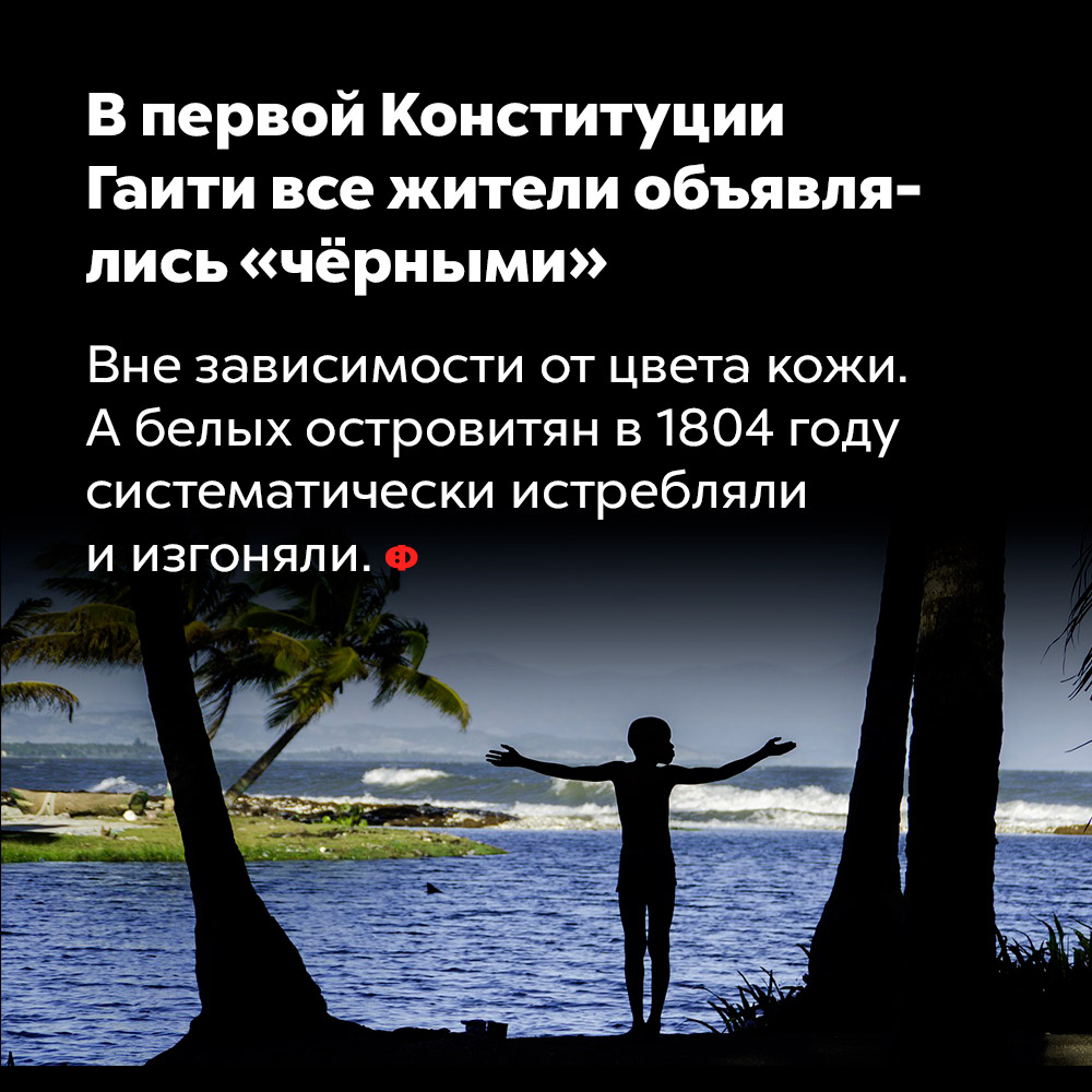 В первой Конституции Гаити все жители объявлялись «чёрными». Вне зависимости от цвета кожи. А белых островитян в 1804 году систематически истребляли и изгоняли.