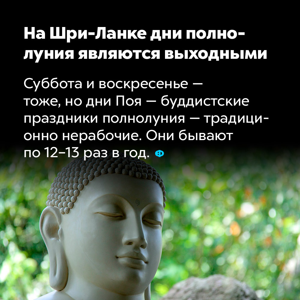 На Шри-Ланке дни полнолуния являются выходными. Суббота и воскресенье — тоже, но дня Поя — буддистские праздники полнолуния — традиционно нерабочие. Они бывают по 12-13 раз в год.