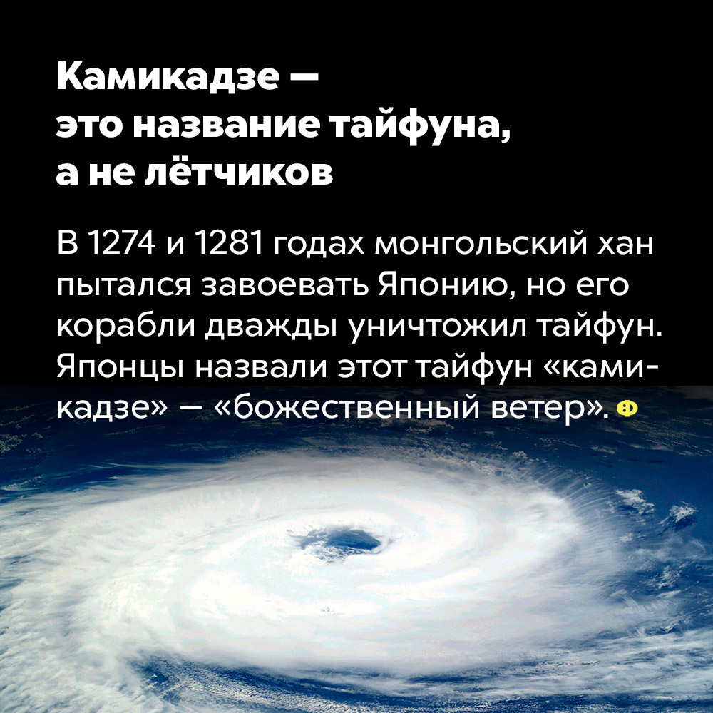 Камикадзе — это название тайфуна, а не лётчиков. В 1274 и 1281 годах монгольский хан пытался завоевать Японию, но его корабли дважды уничтожил тайфун. Японцы назвали этот тайфун «камикадзе» — «божественный ветер».