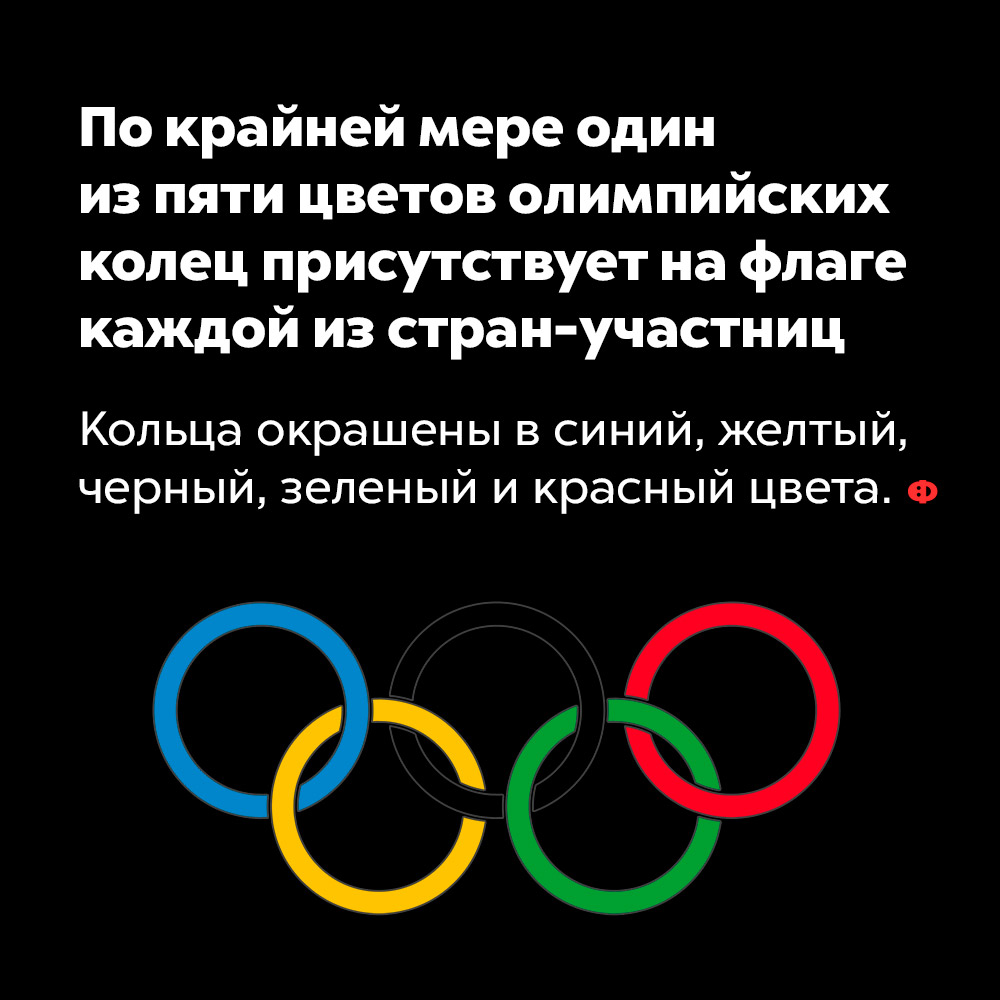 По крайней мере один из пяти цветов олимпийских колец присутствует на флаге каждой из стран-участниц. Кольца окрашены в синий, жёлтый, чёрный, зелёный и красный цвета.
