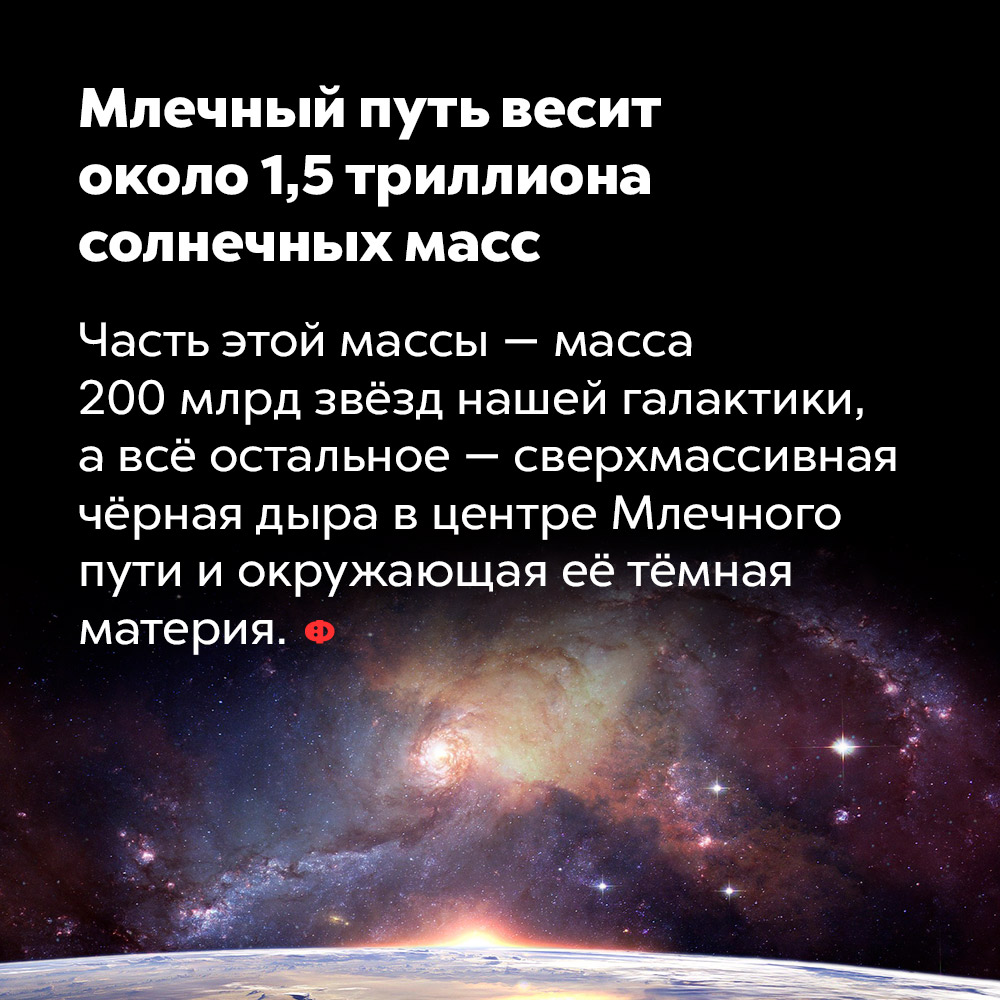 Млечный путь весит около 1,5 триллиона солнечных масс. Часть этой массы — масса 200 млрд звёзд нашей галактики, а всё остальное — сверхмассивная чёрная дыра в центре Млечного пути и окружающая её тёмная материя.