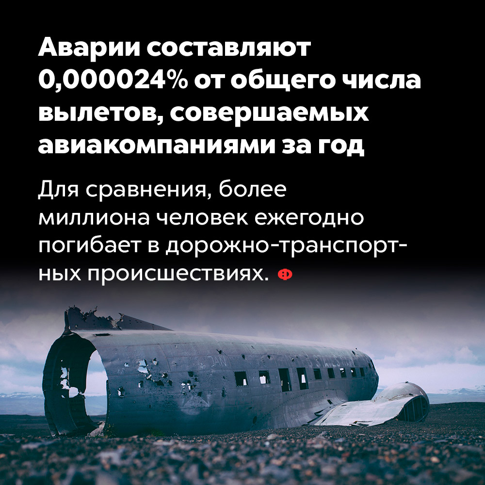 Аварии составляют 0,000024% от общего числа вылетов, совершаемых авиакомпаниями за год. Для сравнения, более миллиона человек ежегодно погибает в дорожно-транспортных происшествиях.