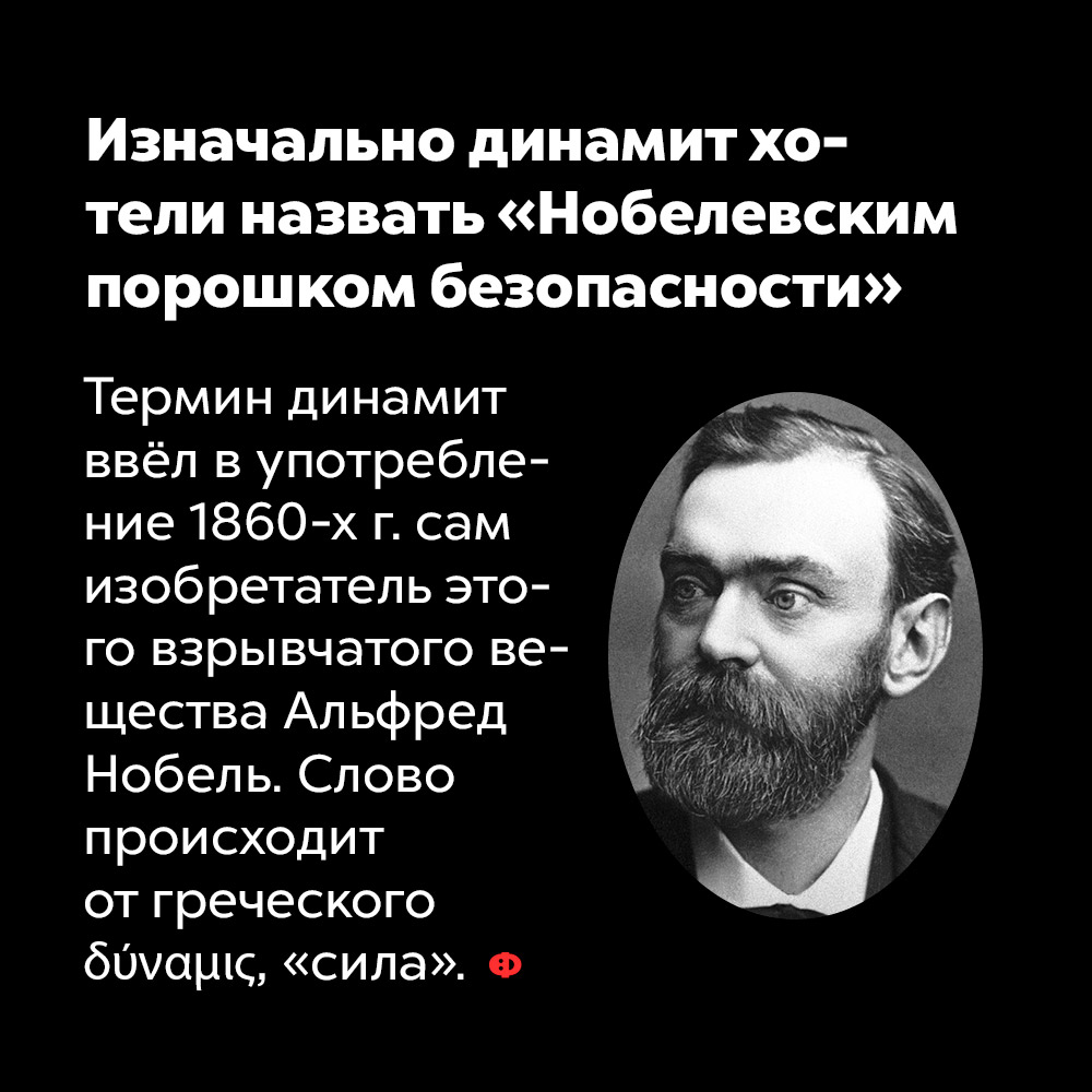 Изначально динамит хотели назвать «Нобелевским порошком безопасности». Термин «динамит» ввёл в употребление в 1860-х годах сам изобретатель этого взрывчатого вещества Альфред Нобель. Слово образовано от греческого слова «сила».