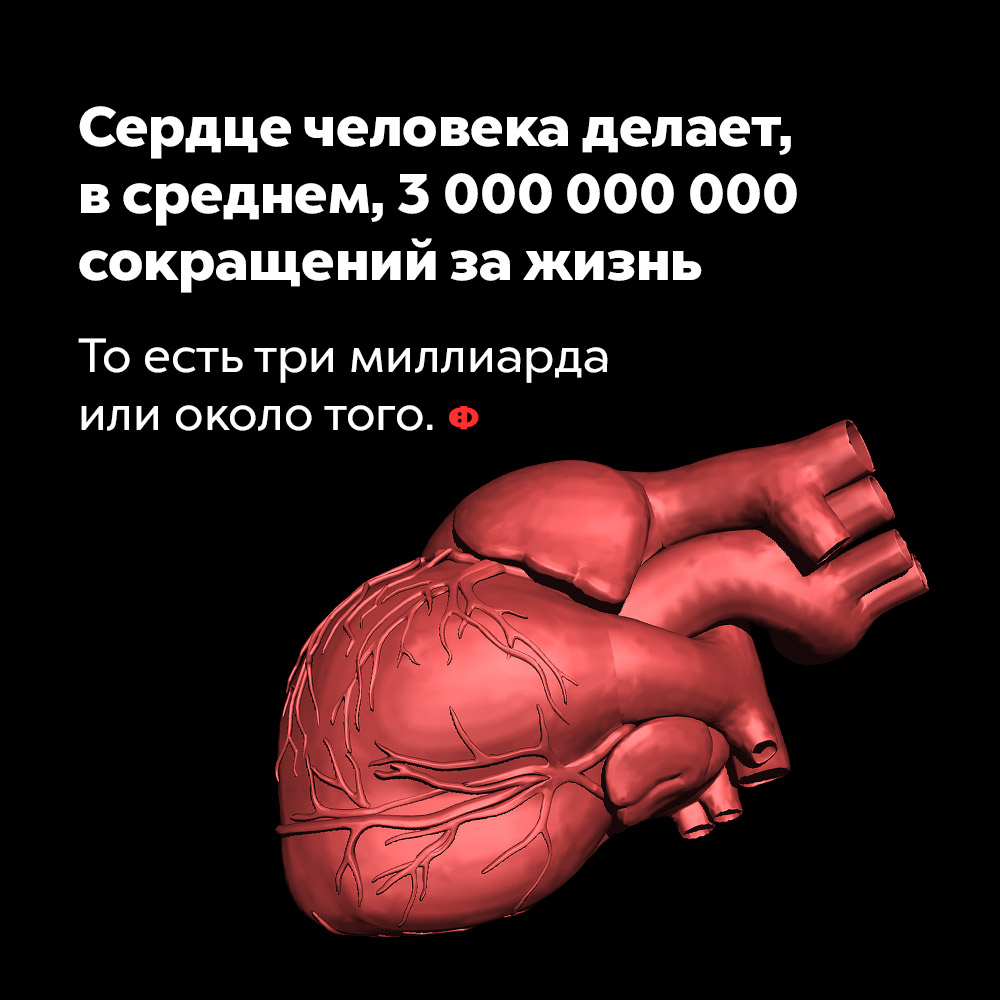 Сердце человека делает, в среднем, 3 000 000 000 сокращений за жизнь. То есть три миллиарда или около того.