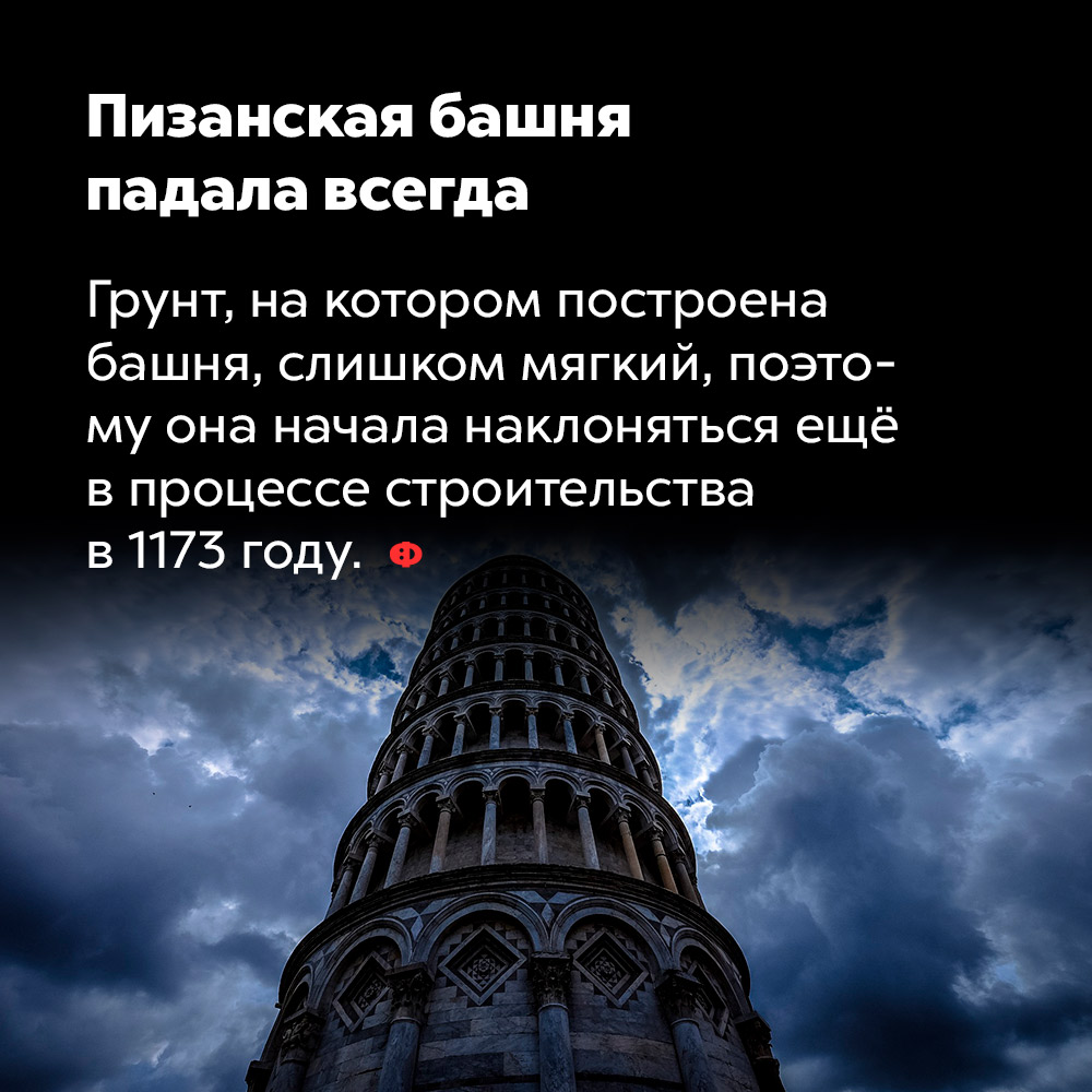 Пизанская башня падала всегда. Грунт, на котором построена башня, слишком мягкий, поэтому она начала наклоняться еще в процессе строительства в 1173 году.
