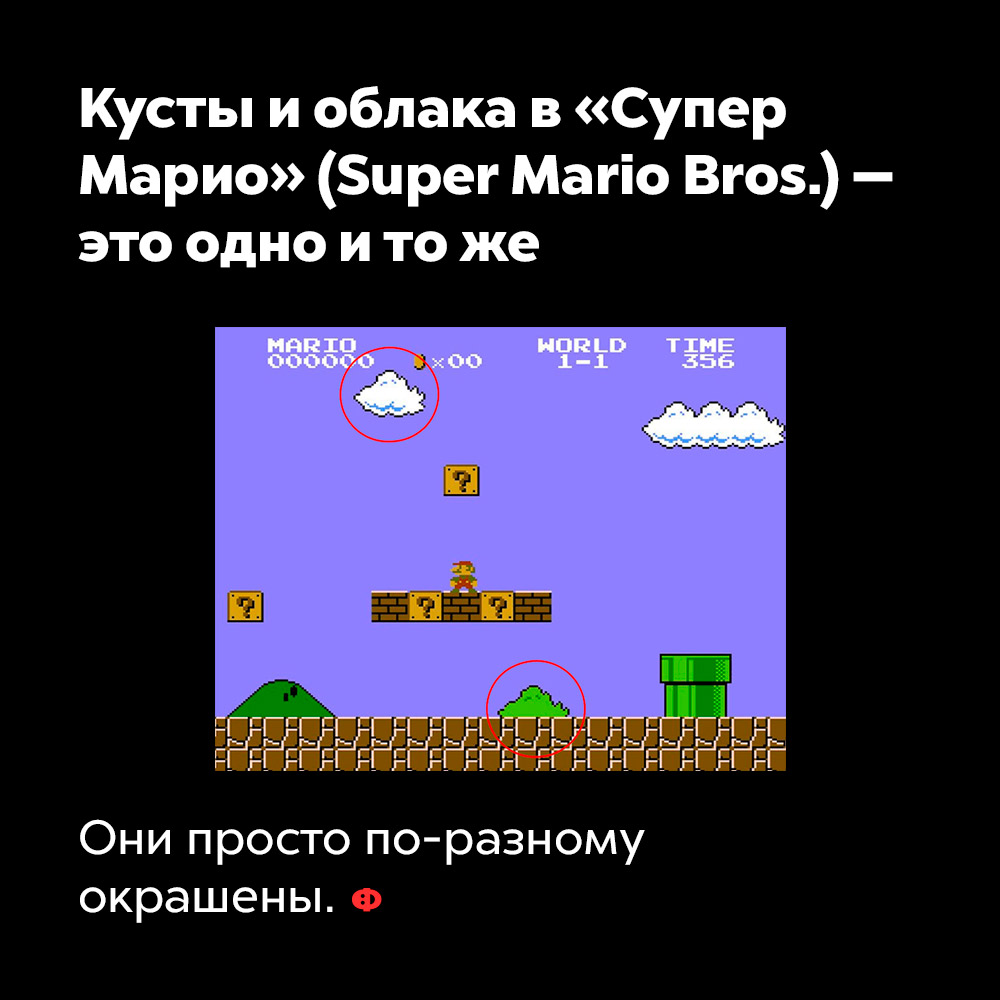 Кусты и облака в «Супер Марио» (Super Mario Bros.) — это одно и то же. Они просто по-разному окрашены.