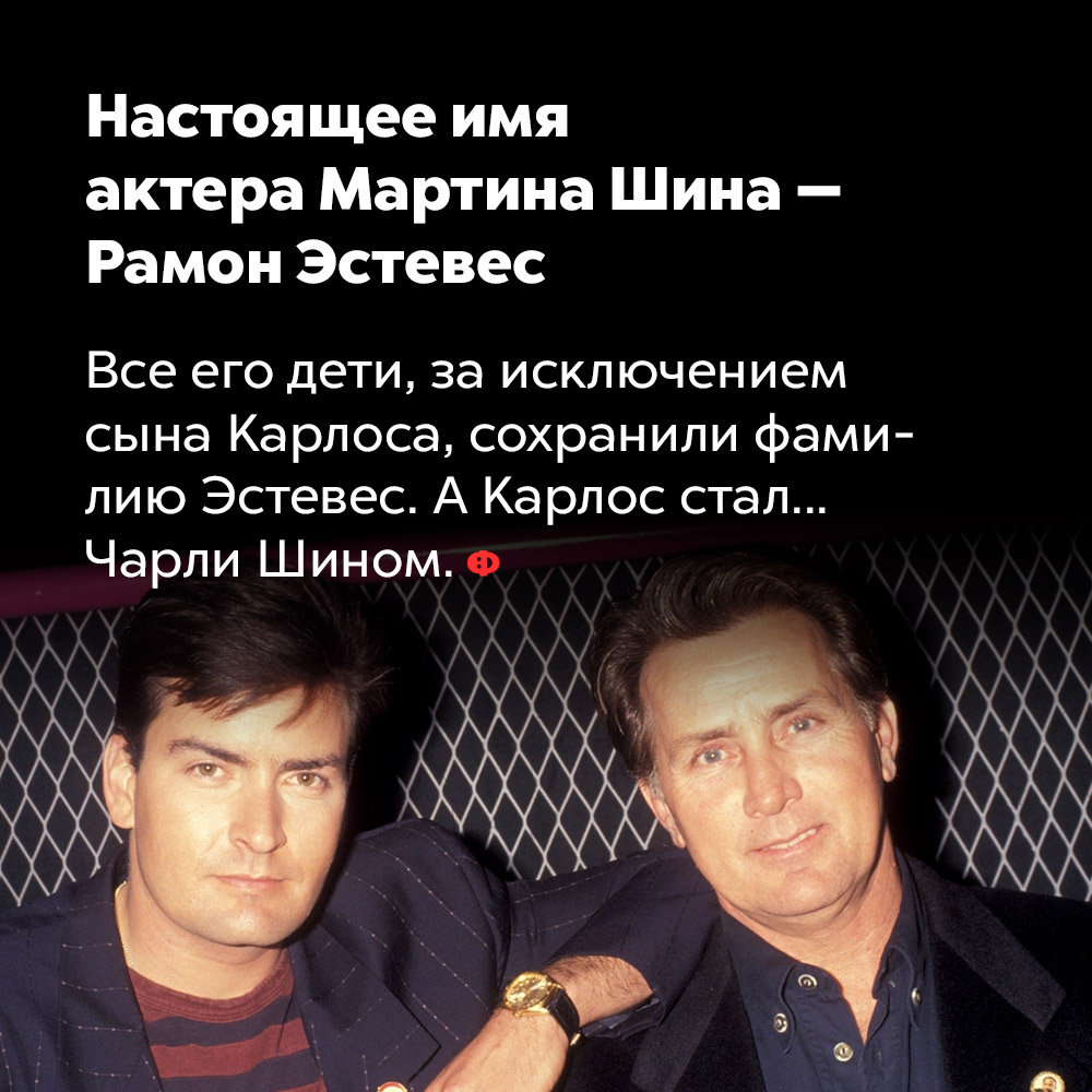Настоящее имя актера Мартина Шина — Рамон Эстевес. Все его дети, за исключением сына Карлоса, сохранили фамилию Эстевес. А Карлос стал... Чарли Шином.