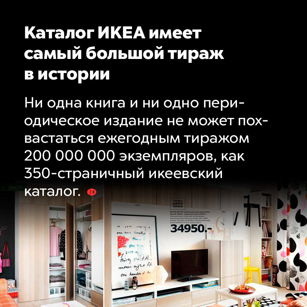 Каталог ИКЕА имеет самый большой тираж в истории. Ни одна книга и ни одно периодическое издание не может похвастаться ежегодным тиражом 200 000 000 экземпляров, как 350-страничный икеевский каталог.