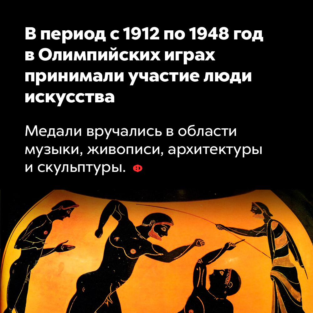 В период с 1912 по 1948 год в Олимпийских играх принимали участие люди искусства. Медали вручались в области музыки, живописи, архитектуры и скульптуры.