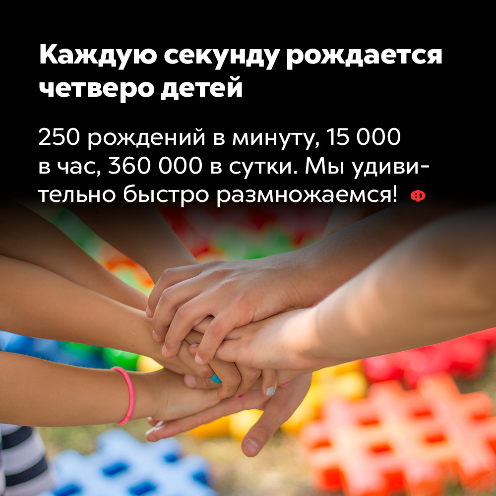 Каждую секунду рождается четверо детей. 250 рождений в минуту, 15 000 в час, 360 000 в сутки. Мы удивительно быстро размножаемся.
