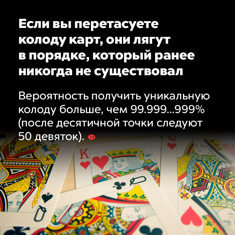 Если вы перетасуете колоду карт, они лягут в порядке, который ранее никогда не существовал. Вероятность получить уникальную колоду больше, чем 99,999…999% (после десятичной запятой следуют 50 девяток).