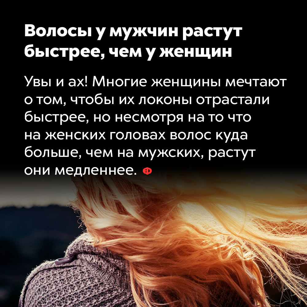 Волосы у мужчин растут быстрее, чем у женщин. Увы и ах! Многие женщины мечтают о том, чтобы их локоны отрастали быстрее, но несмотря на то, что на женских головах волос куда больше, чем на мужских, растут они медленнее.