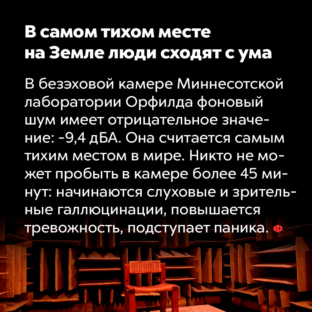 В самом тихом месте на Земле люди сходят с ума. В безэховой камере Миннесотской лаборатории Орфилда фоновый шум имеет отрицательное значение: -9,4 дБА. Она считается самым тихим местом в мире. Никто не может пробыть в камере более 45 минут: Начинаются слуховые и зрительные галлюцинации, повышается тревожность, подступает паника.