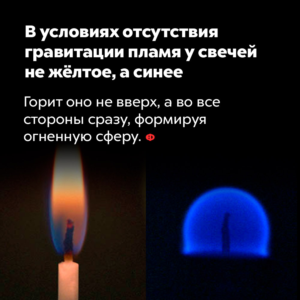 В условиях отсутствия гравитации пламя у свечей не жёлтое, а синее. Горит оно не вверх, а во все стороны сразу, формируя сферу.