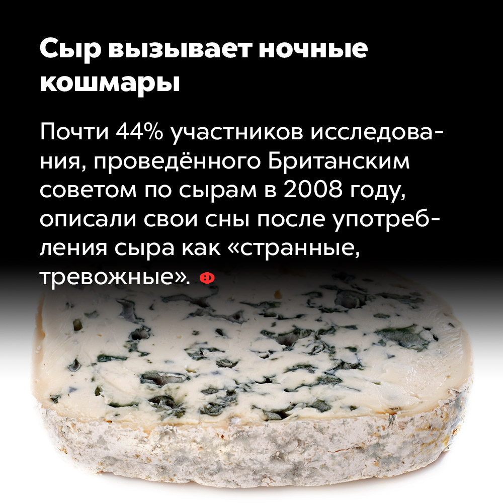 Сыр вызывает ночные кошмары. Почти 44% участников исследования, проведённого Британским советом по сырам в 2008 году, описали свои сны после употребления сыра как «странные, тревожные».