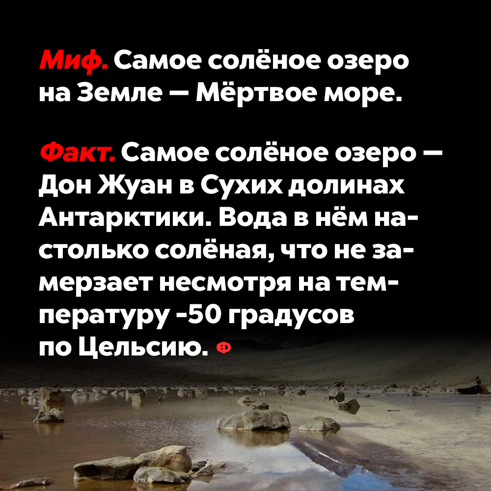 Мёртвое море — не самое солёное на Земле. Самый солёный водоём — озеро Дон Жуан в Сухих долинах Антарктики. Вода в нём настолько солёная, что не замерзает несмотря на температуру —50 градусов по Цельсию.