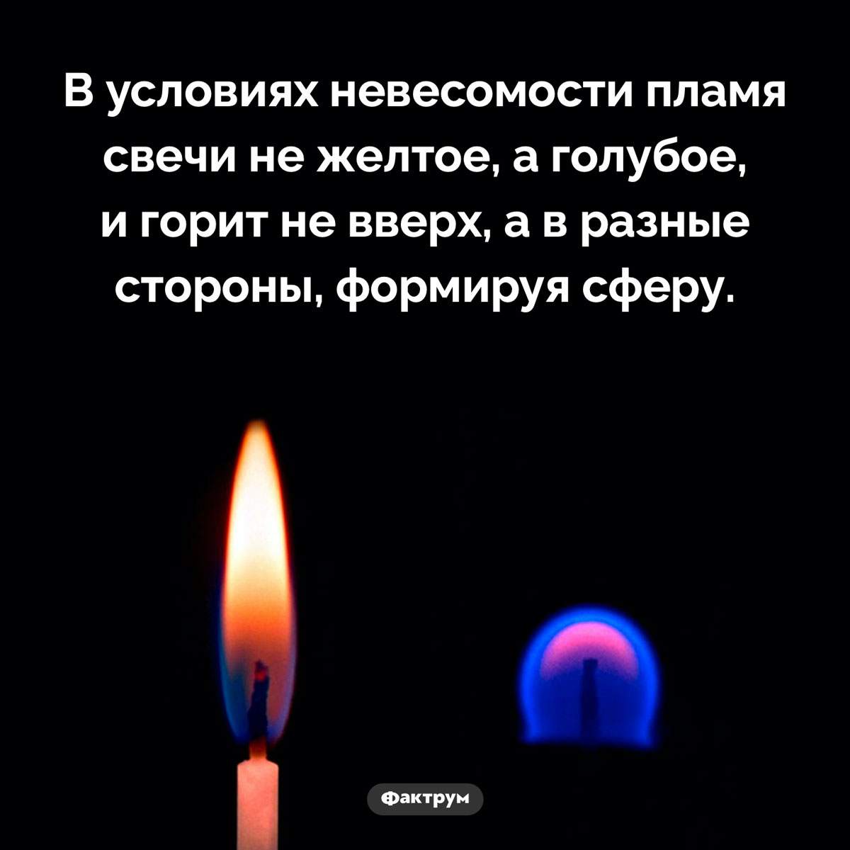 Что происходит с пламенем свечи в невесомости. В условиях невесомости пламя свечи не желтое, а голубое, и горит не вверх, а в разные стороны, формируя сферу.
