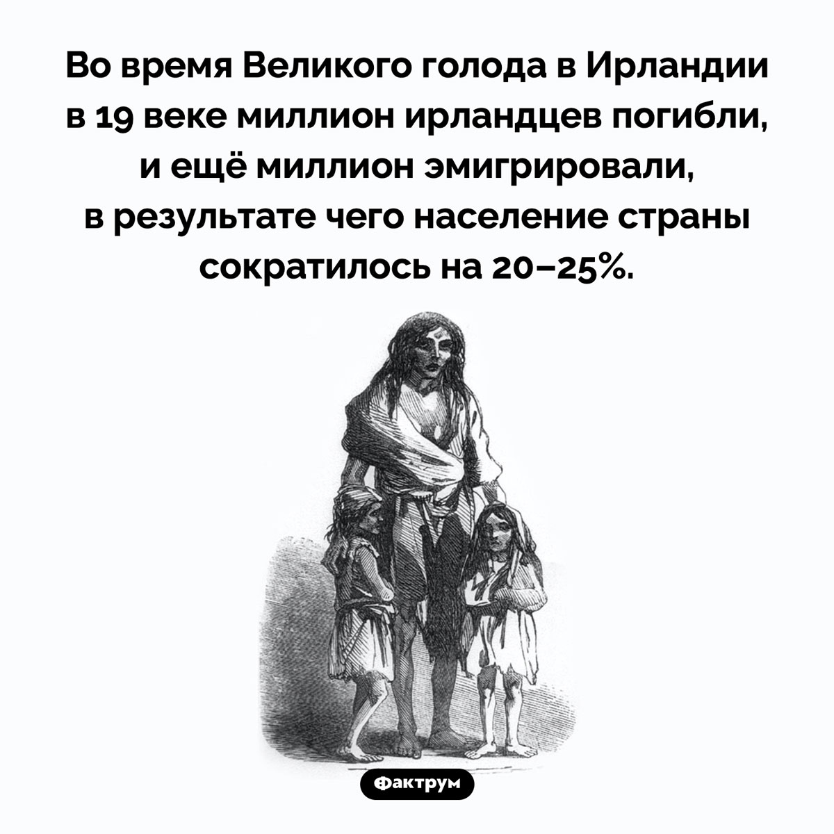 Ирландский картофельный голод. Во время Великого голода в Ирландии в 19 веке миллион ирландцев погибли, и ещё миллион эмигрировали, в результате чего население страны сократилось на 20–25%.