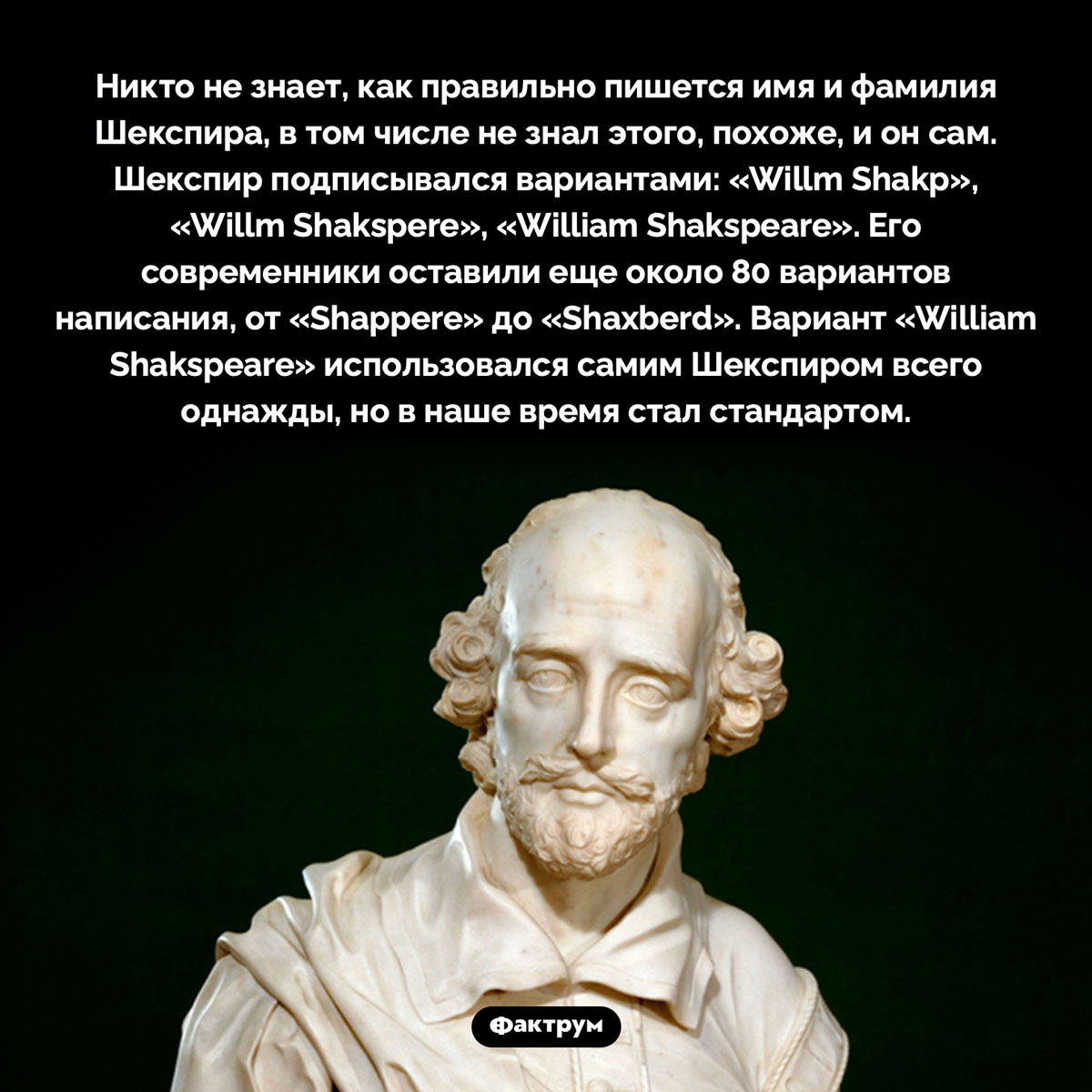 Как пишется имя Шекспира. Никто не знает, как правильно пишется имя и фамилия Шекспира, в том числе не знал этого, похоже, и он сам. Шекспир подписывался вариантами: «Willm Shakp», «Willm Shakspere», «William Shakspeare». Его современники оставили еще около 80 вариантов написания, от «Shappere» до «Shaxberd». Вариант «William Shakspeare» использовался самим Шекспиром всего однажды, но в наше время стал стандартом.