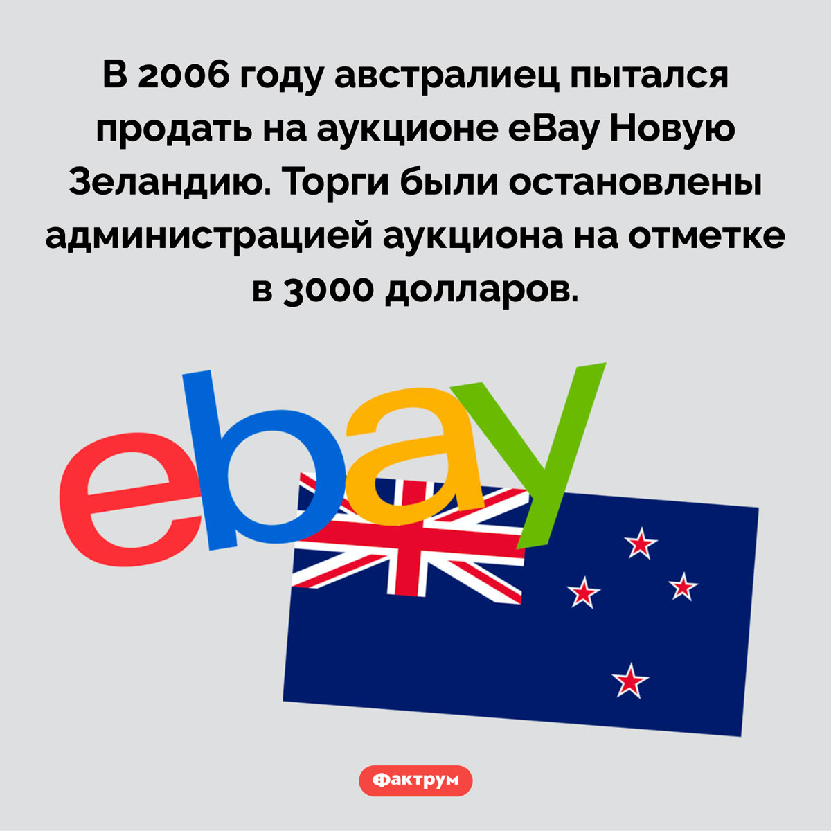 Продажа Новой Зеландии на аукционе. В 2006 году австралиец пытался продать на аукционе eBay Новую Зеландию. Торги были остановлены администрацией аукциона на отметке в 3000 долларов.