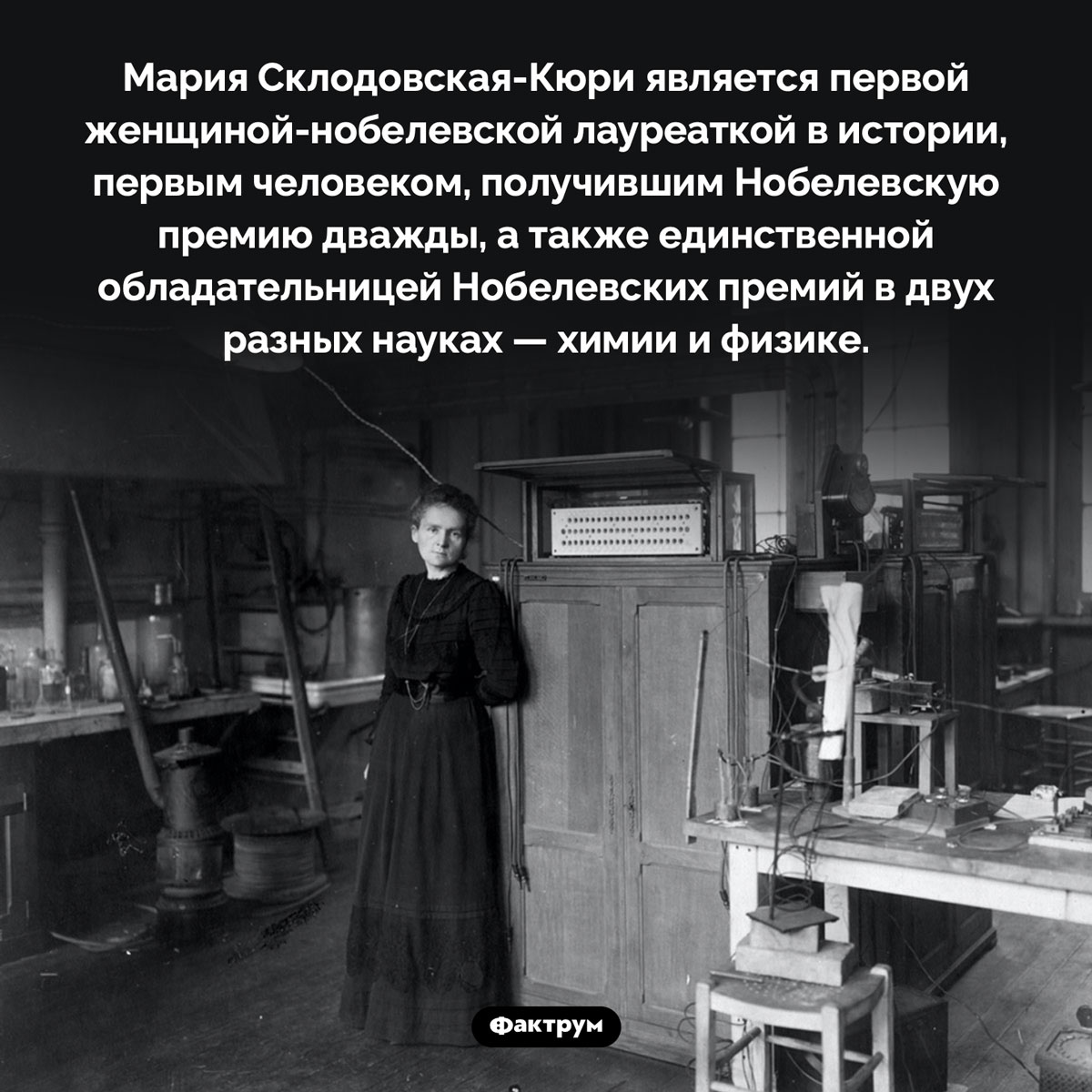 Удивительная Мария Склодовская-Кюри. Мария Склодовская-Кюри является первой женщиной-нобелевской лауреаткой в истории, первым человеком, получившим Нобелевскую премию дважды, а также единственной обладательницей Нобелевских премий в двух разных науках — химии и физике.