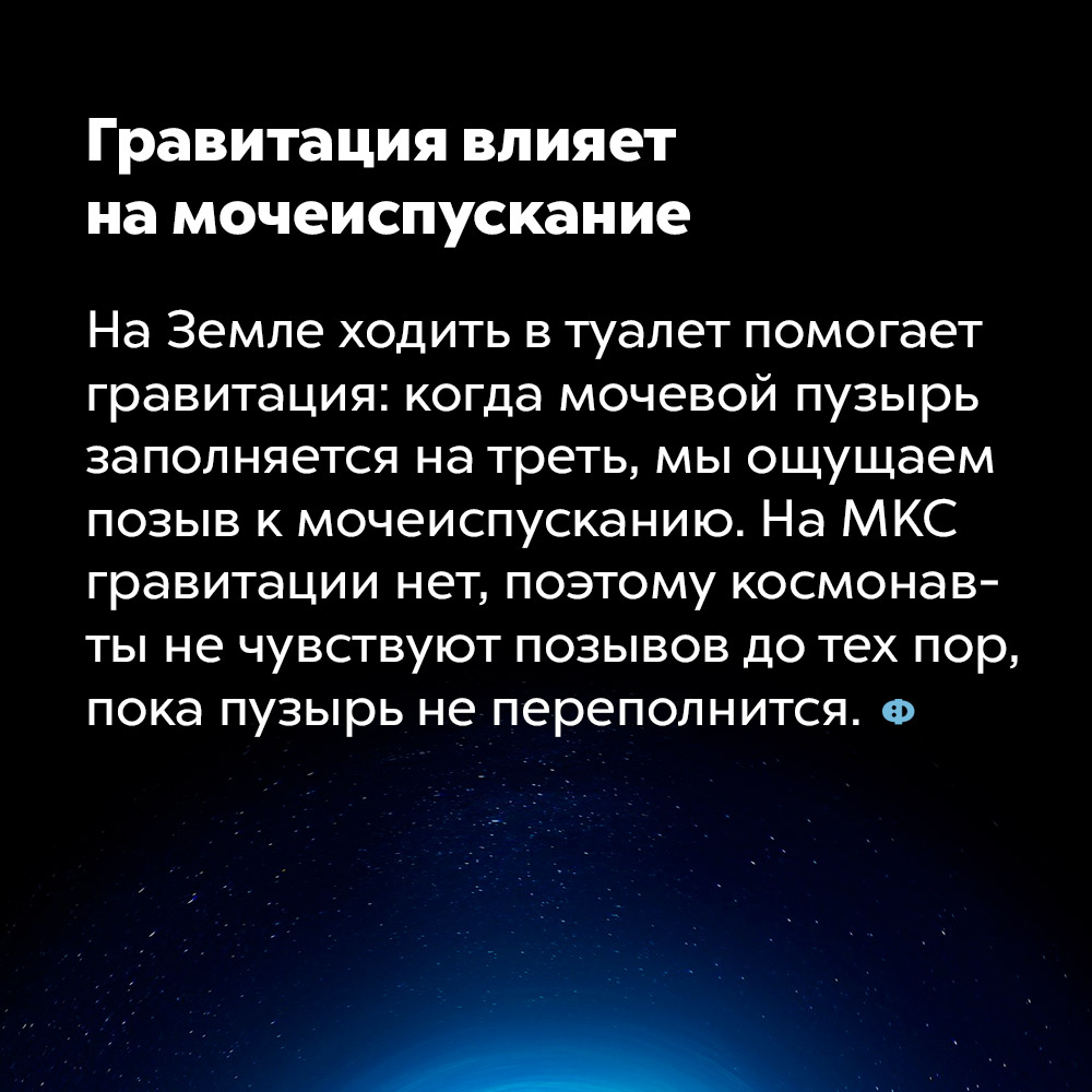 Гравитация влияет на мочеиспускание. На Земле ходить в туалет помогает гравитация: когда мочевой пузырь заполняется на треть, мы ощущаем позыв к мочеиспусканию. На МКС гравитации нет, поэтому космонавты не чувствуют позывов до тех пор, пока пузырь не переполнится.