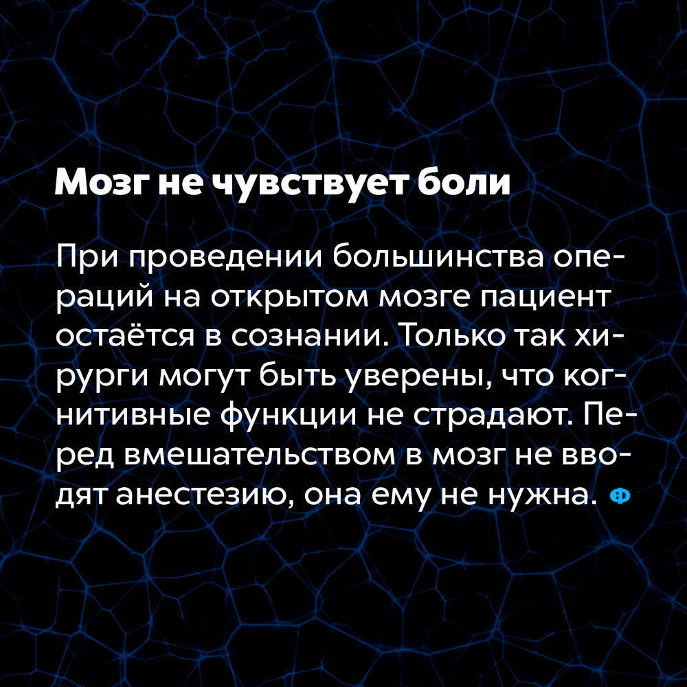 Мозг не чувствует боли. При проведении большинства операций на открытом мозге пациент остаётся в сознании. Только так хирурги могут быть уверены, что когнитивные функции не страдают. Перед вмешательством в мозг не вводят анестезию, она ему не нужна.
