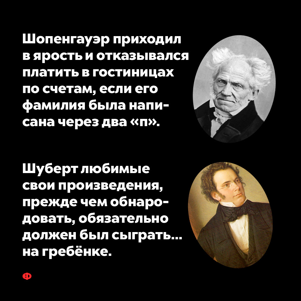 Шопенгауэр приходил в ярость и отказывался платить в гостиницах по счетам, если его фамилия была написана через два «п». А Шуберт любимые свои произведения прежде чем обнародовать обязательно должен был сыграть… на гребёнке.