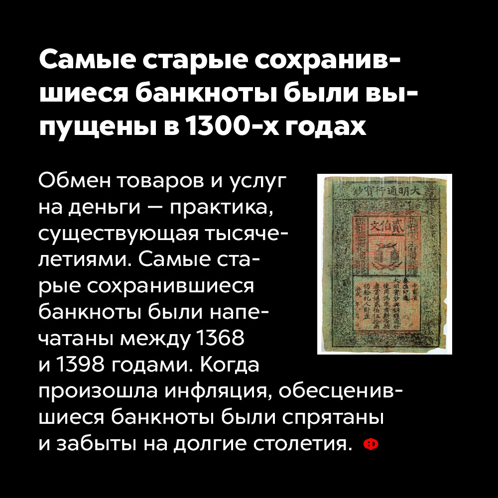 Самые старые сохранившиеся банкноты были выпущены в 1300-х годах. Обмен товаров и услуг на деньги — практика, существующая тысячелетиями. Самые старые сохранившиеся банкноты были напечатаны между 1368 и 1398 годами. Когда произошла инфляция, обесценившиеся банкноты были спрятаны и забыты на долгие десятилетия.