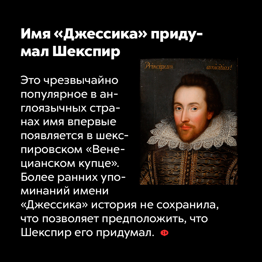 Имя «Джессика» придумал Шекспир. Это чрезвычайно популярное в англоязычных странах имя впервые появляется в шекспировском «Венецианском купце». Более ранних упоминаний имени «Джессика» история не сохранила, что позволяет предположить, что Шекспир его придумал. 