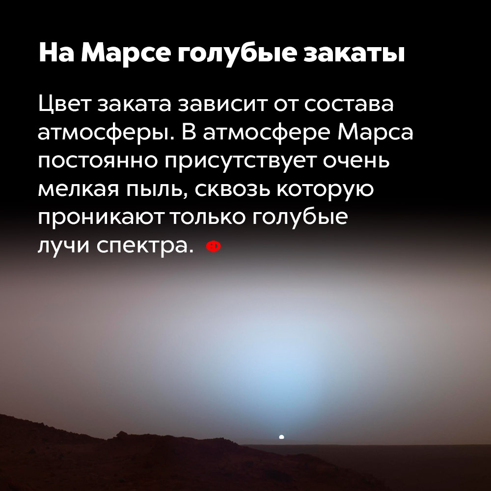 На Марсе голубые закаты. Цвет заката зависит от состава атмосферы. В атмосфере Марса постоянно присутствует очень мелкая пыль, сквозь которую проникают только голубые лучи спектра.