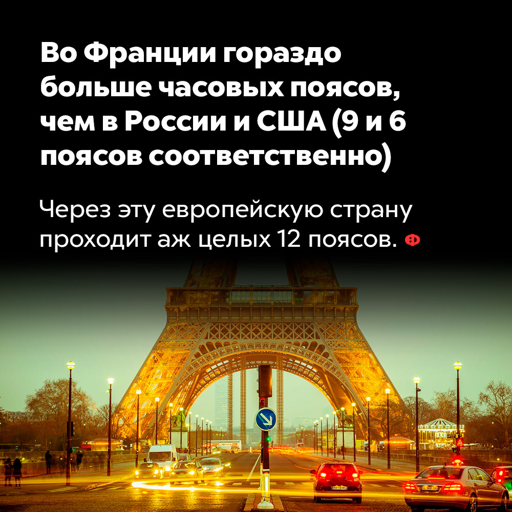 Во Франции гораздо больше часовых поясов, чем в России и США (9 и 6 поясов соответственно). Через эту европейскую страну проходит аж целых 12 поясов.