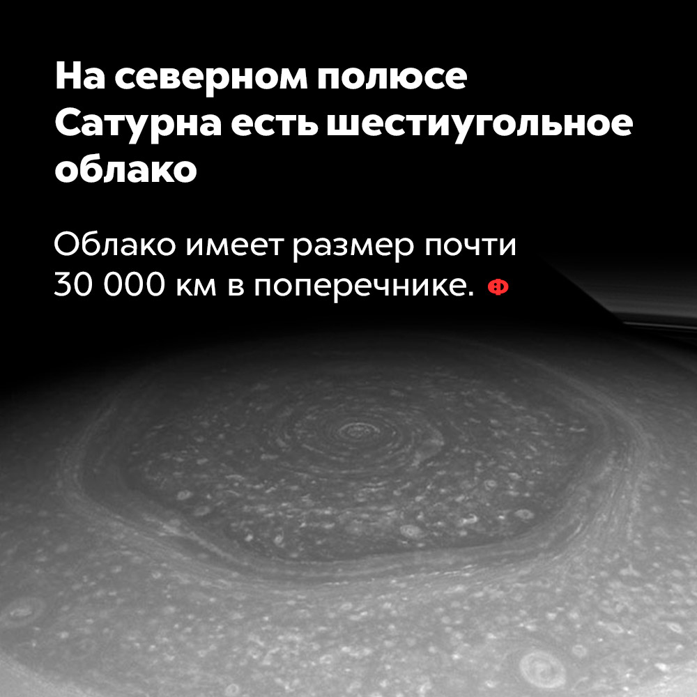 На северном полюсе Сатурна есть шестиугольное облако. Облако имеет размер почти 30 000 км в поперечнике.