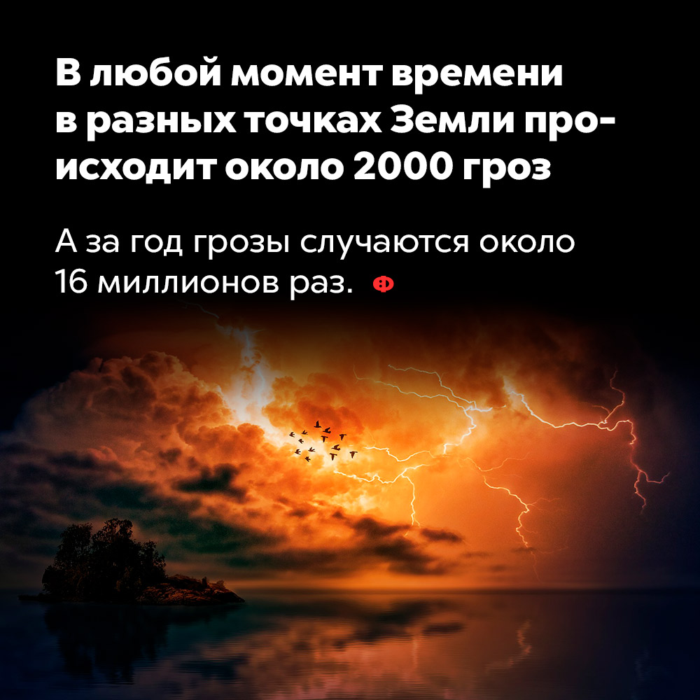 В любой момент времени в разных точках Земли происходит около 2000 гроз. А за год грозы случаются около 16 миллионов раз.