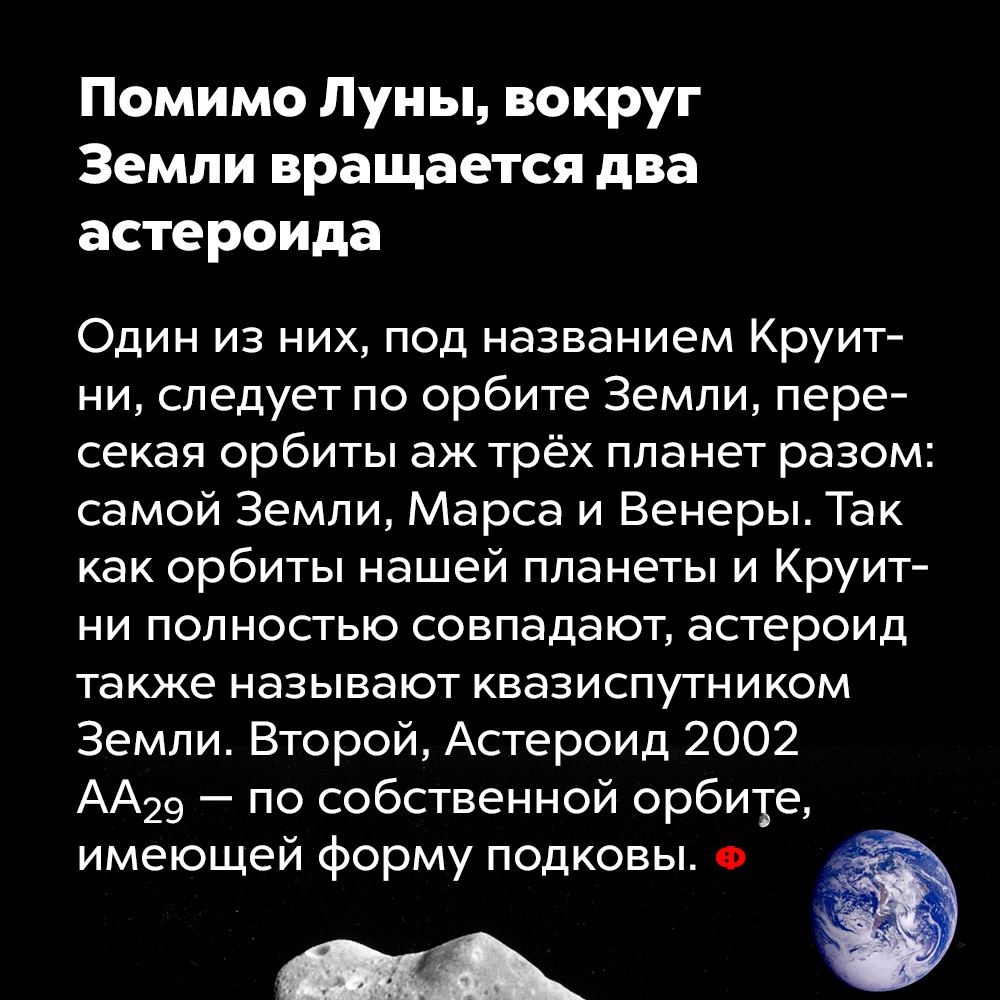 Помимо Луны, вокруг Земли вращается два астероида. Один из них, под названием Круитни, следует по орбите Земли, пересекая орбиты аж трёх планет: самой Земли, Марса и Венеры. Так как орбиты нашей планеты и Круитни полностью совпадают, астероид также называют квазиспутником Земли. Второй, Астероид 2002 AA₂₉, движется по собственной орбите, имеющей форму подковы.