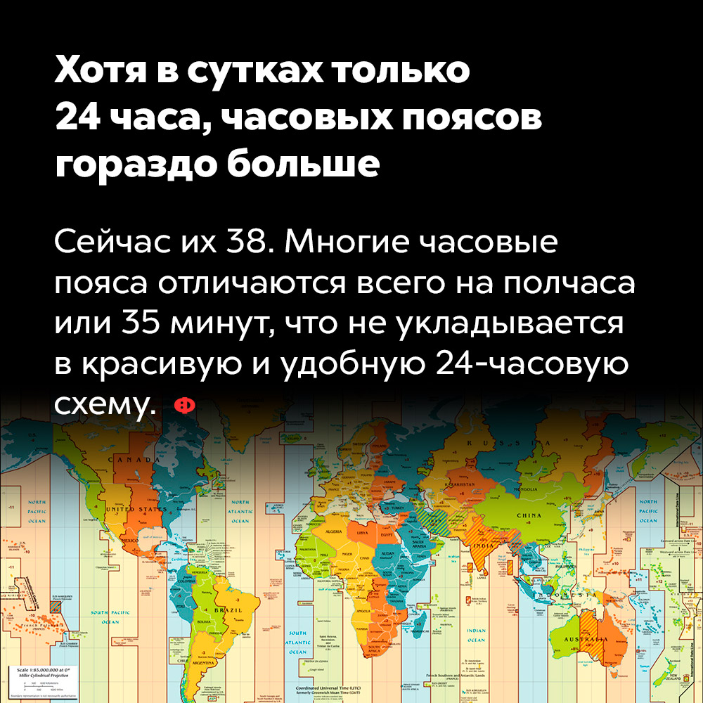 Хотя в сутках только 24 часа, часовых поясов гораздо больше. Сейчас их 38. Многие часовые пояса отличаются всего на полчаса или 35 минут, что не укладывается в красивую и удобную 24-часовую схему.
