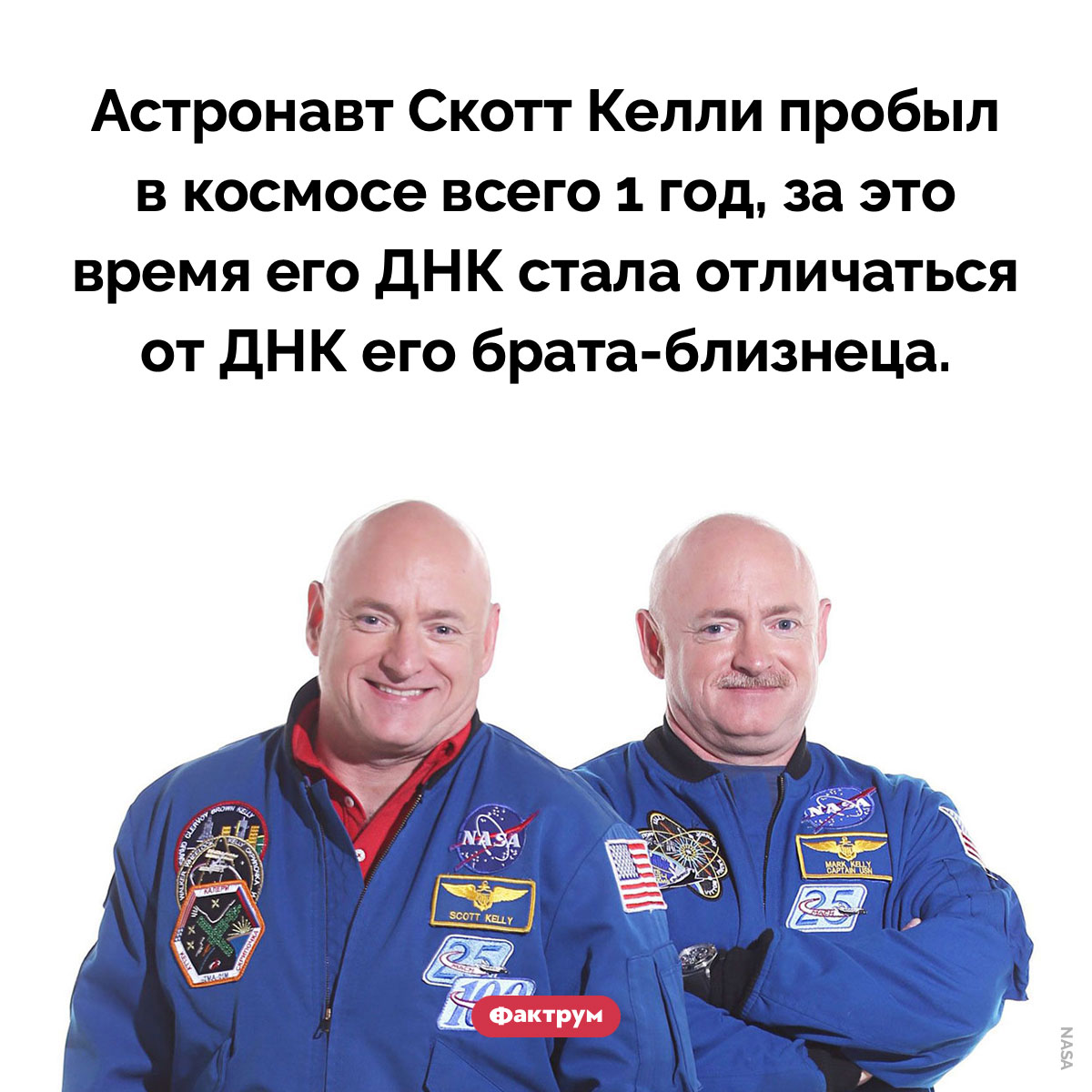 Космос воздействует на гены человека. Астронавт Скотт Келли пробыл в космосе всего 1 год, за это время его ДНК стала отличаться от ДНК его брата-близнеца.