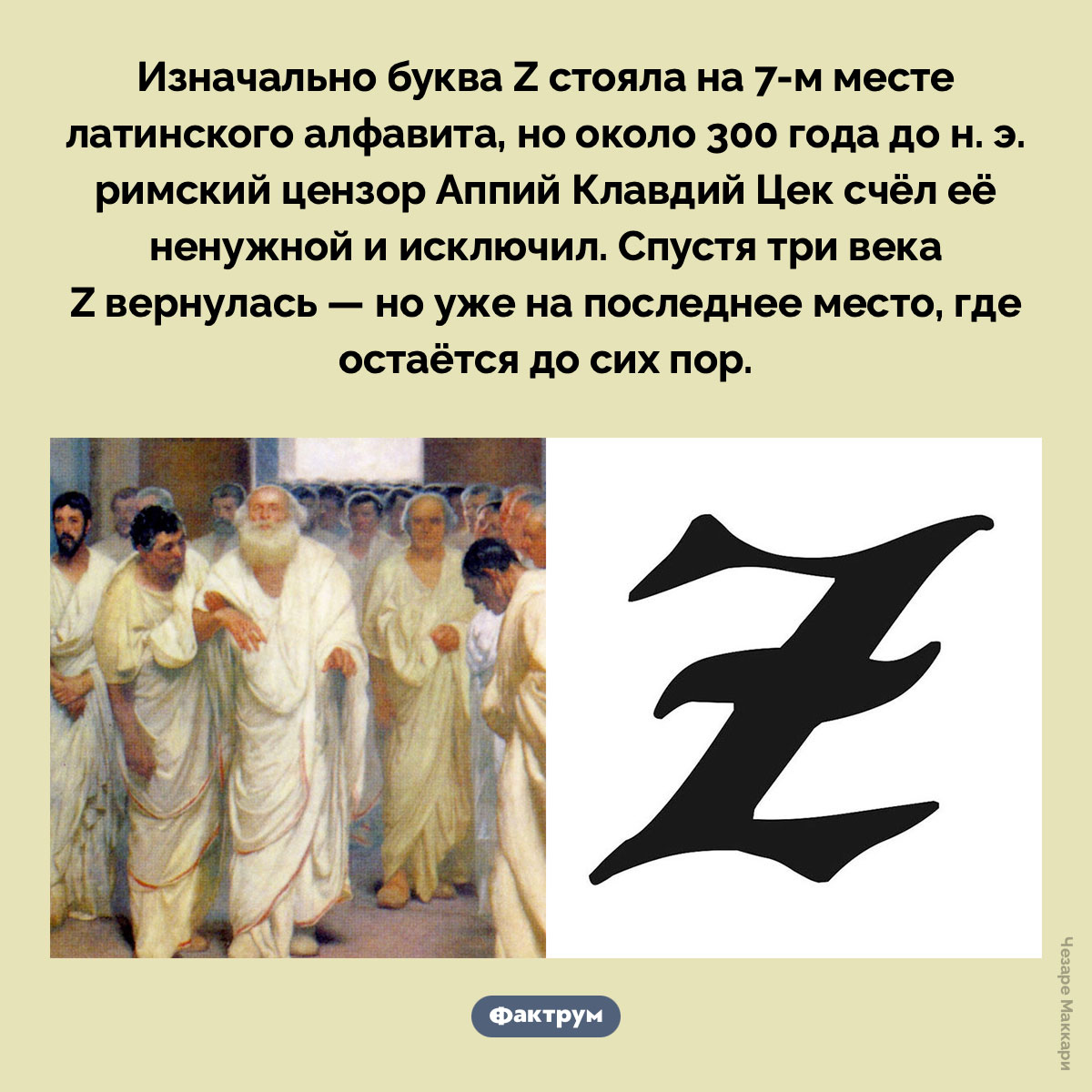 Однажды буква Z исчезла из алфавита. Изначально буква Z стояла на 7-м месте латинского алфавита, но около 300 года до н. э. римский цензор Аппий Клавдий Цек счёл её ненужной и исключил. Спустя три века Z вернулась — но уже на последнее место, где остаётся до сих пор.