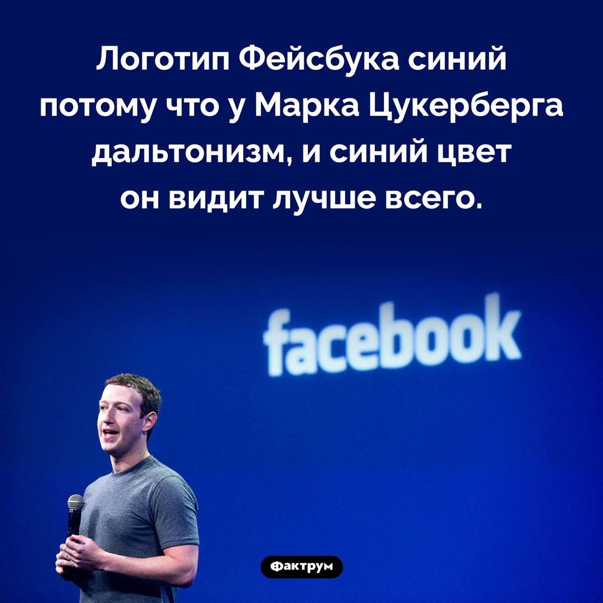 Почему Фейсбук синий. Логотип Фейсбука синий потому что у Марка Цукерберга дальтонизм, и синий цвет он видит лучше всего.