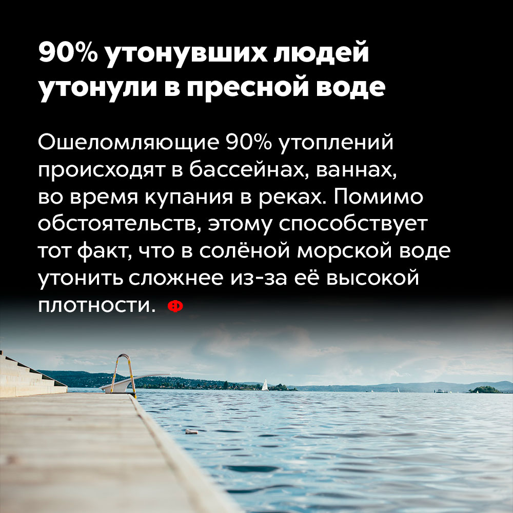 90% утонувших людей утонули в пресной воде. Ошеломляющие 90% утоплений происходят в бассейнах, ваннах, во время купания в реках. Помимо обстоятельств, этому способствует тот факт, что в солёной морской воде утонуть сложнее из-за её высокой плотности.