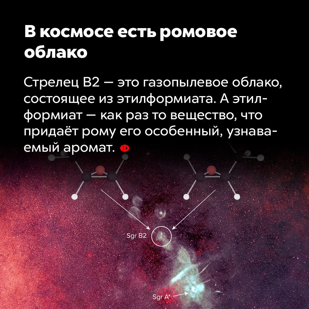 В космосе есть ромовое облако. Стрелец B2 — это газопылевое облако, состоящее из этилформиата. А этилформиат — как раз то вещество, что придаёт рому его особенный, узнаваемый аромат.
